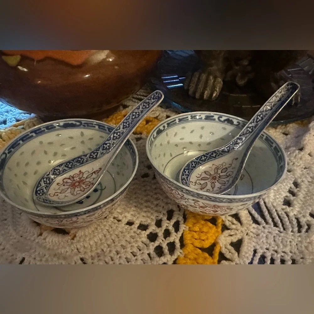 Vintage set of 2 Asian Porcelain Bowls with Spoons